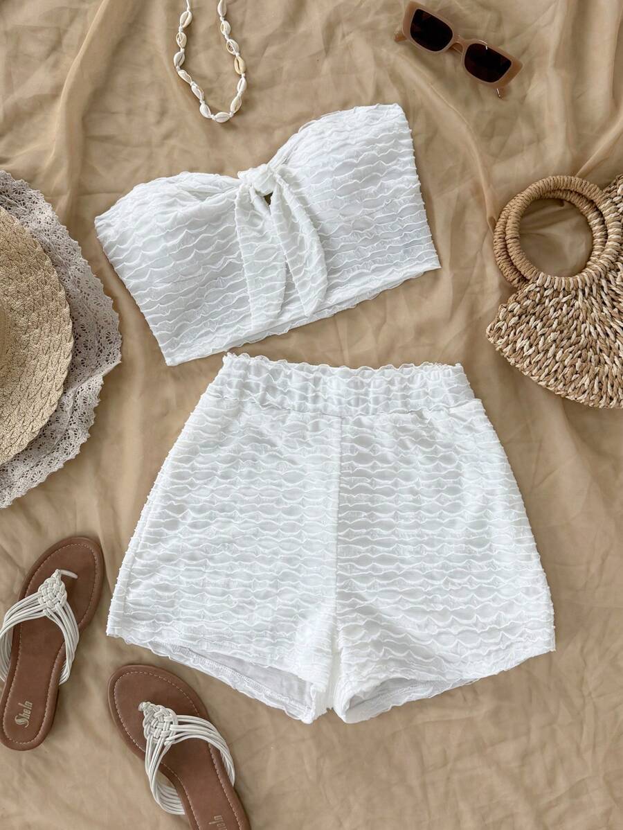Soleia Conjunto de top bandeau con nudo y shorts para mujer, atuendo casual de playa, ropa de verano - Blanco - Ver 1
