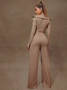 Denimoi Women's Solid Color Zip-Up Long Sleeve Ribbed Jumpsuit - Khaki - View 4