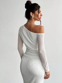 Firerie 优雅简约浪漫迷人时尚 Ins 风格女式白色长袖修身连衣裙，采用纹理面料，斜肩，适合情人节、约会、日常、派对 - 白色 - 查看 7