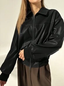 Aloruh New Vintage Style Stand Collar American Contrast Stitching Jacket Outerwear - Black - View 5