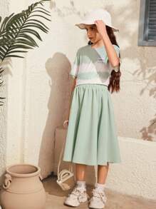 SHEIN 2 Pieces Set For Tween Girl,Sage Green Summer Casual Elegant School Outfit,Round Neck Short-Sleeve T-Shirt Paired With A Skirt,Soft Skin-Friendly Set - Green - View 6