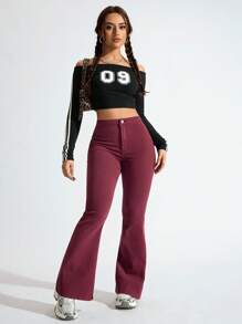 SHEIN Privé Women's Flared Casual Versatile Denim Jeans - Burgundy - View 2