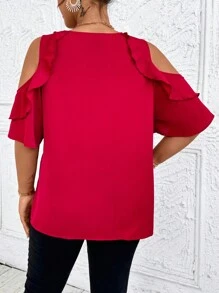 SHEIN Clasi Plus Size Women Solid V Neck Off Shoulder Tulip Ruffle Sleeve Elegant Romantic Valentine's Day Party Blouse