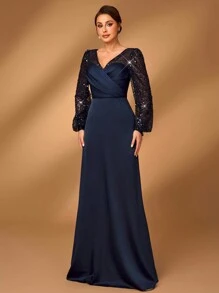 Serin 优雅奢华的海军蓝亮片串珠褶皱透视长袖 A 字形下摆晚礼服，适合庆典、正式派对、婚礼、新娘母亲礼服 - 藏蓝色 - 查看 4