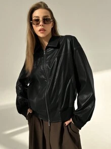 Aloruh New Vintage Style Stand Collar American Contrast Stitching Jacket Outerwear - Black - View 3