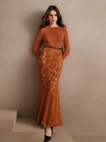 Anewsta Elegant High Waist Floral Lace Patchwork Fishtail Sweater Dress