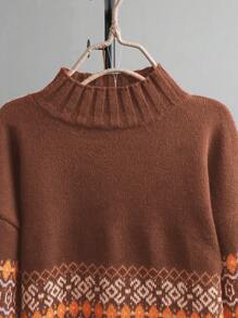 SHEIN LUNE Damski sweter retro casualowy z dzianiny wielokolorowej żakardowej w kolorze brązowym, odpowiedni na Halloween, Nowy Rok, Walentynki, Święto Dziękczynienia, Boże Narodzenie, Wielkanoc, Święto Narodowe, Bal, Sylwestra, Duży rozmiar, Jesień/Zima