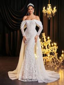 Glamrae Elegante, lujoso y romántico vestido de novia con diseño de manga transparente de malla bordada con cuentas, escote hombros descubiertos, manga tipo gota con adorno de cinta, falda ajustada de sirena con vuelo y volumen de tul, ideal para bodas - Blanco - Ver 6