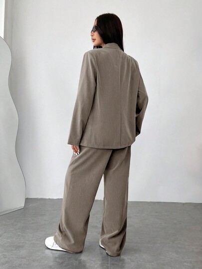 SHEIN EZwear 大码女式黑色古钱印花冬季夹克配背心和休闲西装三件套