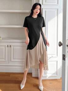 DAZY 女式拼色荷叶边下摆T恤连衣裙太阳裙，休闲女装