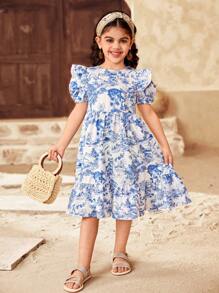 SHEIN Vestido midi de manga abullonada, cuello redondo, cintura recogida, con estampado de paisaje, elegante y retro, casual y suelto, para vacaciones, para niña - Azul - Ver 5