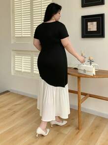 Dazy Plus Plus Size Stretchy Fitted Colorblock Square Neck Dress, Spring/Summer,Casual Women Dresses - Black - View 2