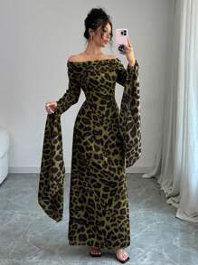 Elenzga Women's Leopard Print Off-Shoulder Ultra-Long Sleeve Dress - Olive Green - View 1