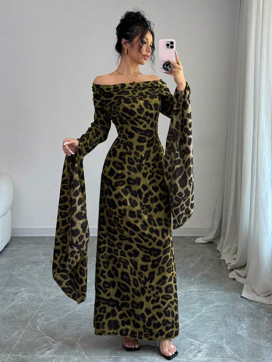 Elenzga Women's Leopard Print Off-Shoulder Ultra-Long Sleeve Dress - Olive Green - View 1
