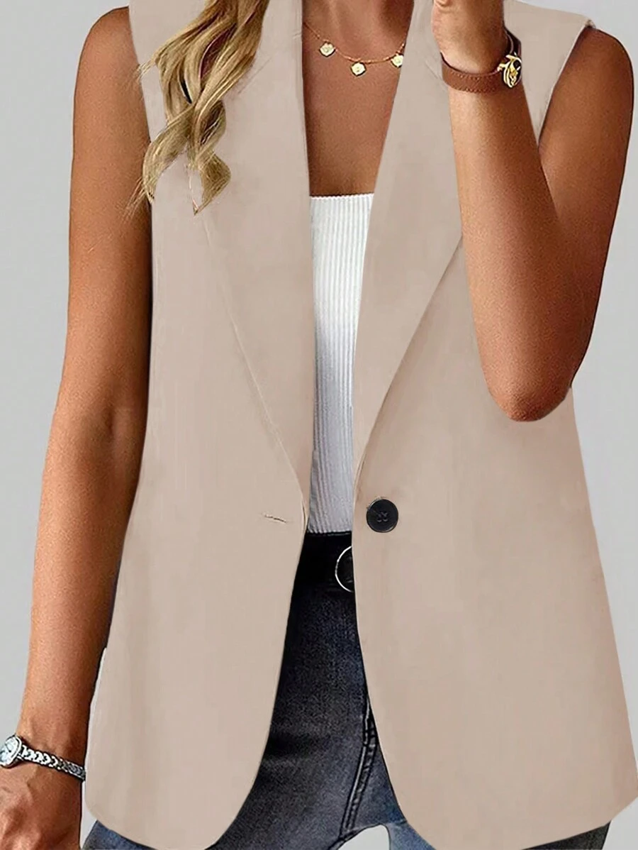 Vionelle Plus Size Women's Solid Color Single Button Casual Sleeveless Vest Graduation,Back To School,Teacher Outfits For Women Winter Fall Autumn - Apricot - View 1