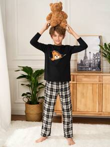 SHEIN Bộ 2 món/Bộ áo thun dài tay cổ tròn in hình gấu hoạt hình cho bé trai và quần ống đứng họa tiết kẻ caro, bộ đồ ngủ thoải mái và giản dị - Màu xanh hải quân - Xem 3