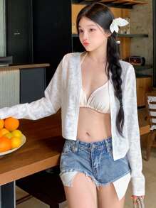 DAZY Women Butterfly Pattern Knitted Short Cardigan Jacket - White - View 3