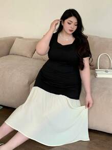 Dazy Plus Plus Size Stretchy Fitted Colorblock Square Neck Dress, Spring/Summer,Casual Women Dresses - Black - View 6