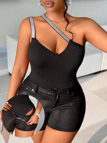 Maweii 2025 New Large Metallic Silver Ribbon Slanted Shoulder Asymmetric Bodysuit Top. Stretch, Slit, Knitted, Cocktail Party, Bridesmaids, Weddings, Four Seasons, Graduation, Festivals, Music Festival Parties.