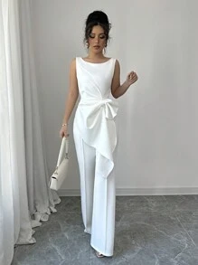 Elenzga Conjunto de top sin mangas y pantalones de pierna ancha, en color blanco elegante, con un ajuste delgado y favorecedor, un conjunto de moda