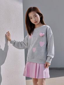 2pcs/Set Young Girls Fashion Digital Pink Heart Print Hoodie With 3D Heart Decor & Pleated Mini Skirt, Spring/Autumn