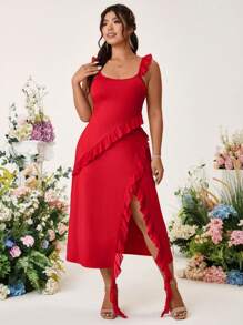 SHEIN Belle Plus Size Women Solid Color Patchwork Ruffle Hem Side Slit Elegant Valentine's Day Red Dress - Red - View 4