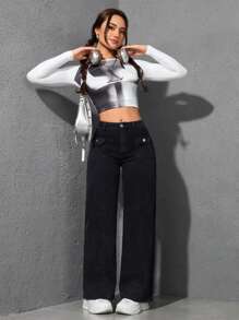 SHEIN EZwear 女式口袋直筒宽松休闲百搭牛仔裤 - 黑色 - 查看 2