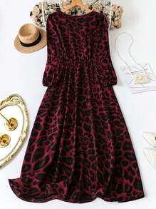 SHEIN CURVE+ 大码女式休闲豹纹灯笼袖开衩连衣裙 - 彩色 - 查看 2