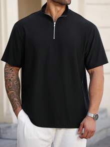 Manfinity Homme 大码男式纯色短袖休闲宽松 Polo 衫 - 黑色 - 查看 3