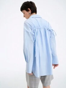 SHEIN Clasi 女士简约纯色优雅休闲商务舒适宽松插肩长袖衬衫，春秋 - 淺藍色 - 查看 2