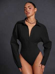 Hauture 纽扣领缝线细节长袖紧身衣 - 黑色 - 查看 2