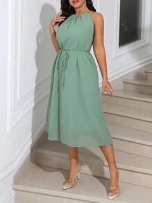 Elenzga Plus Size Women Elegant V-Neck Chiffon Double Layer Solid Color A-Line Dress, Tie Waist, Suitable For Valentine's Day And Weddings, Cooling Stress Relief Outfit, Evening Gown, Fashion Lounge Wear, Spring/Summer - Mint Green - View 4