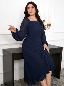 Modelyn 大码女式纯色方领网眼灯笼袖荷叶边下摆优雅连衣裙 - 藏蓝色 - 查看 7