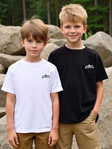 SHEIN 2pcs/Set Teenager Boy White & Black Round Neck Short Sleeve Outdoor Sports T-Shirts - Black and White - View 1