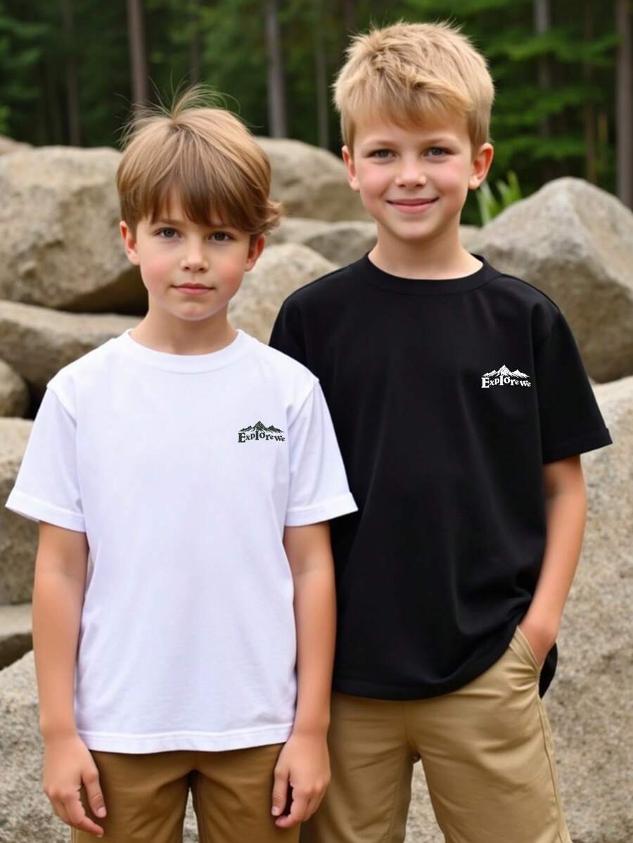 SHEIN 2pcs/Set Teenager Boy White & Black Round Neck Short Sleeve Outdoor Sports T-Shirts - Black and White - View 1