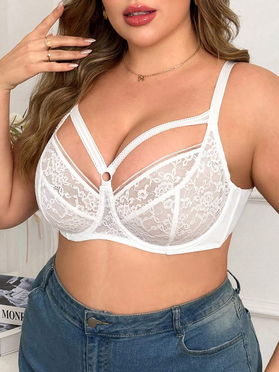 1pc Plus Size Contrast Lace Push-Up Wire Bra Lingerie - White - View 1