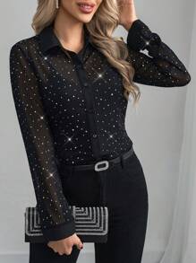 Editum 女士长袖闪亮亮片弹力黑色透明优雅日常穿着衬衫，春夏 - 黑色 - 查看 6