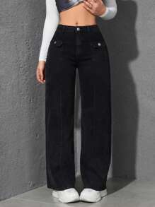 SHEIN EZwear 女式口袋直筒宽松休闲百搭牛仔裤 - 黑色 - 查看 4