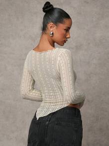 SHEIN BAE 1 件女式花卉蕾丝圆领长袖不对称下摆修身衬衫 - 杏色 - 查看 2