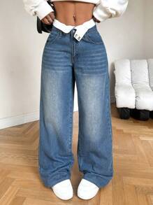 SHEIN PETITE CURVE Plus Size Women's Retro Blue Jeans With Collar Design And Elastic Waist, Loose Straight Leg Summer,Vacation Woman,Easter,Spring,Western,Office For Women,Rave,Baby Shower ,Cottagecore,Country Women,Old Money Style Women,Going Out,Festival,Rodeo,Airport For Women,Kpop,Tropical Vacation Woman,Nashville - Blue - View 4