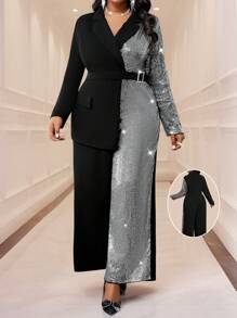 SHEIN Lady Autumn And Winter Elegant Plus SizeLong Sleeve Asymmetrical Lapel Sequins Black Sparkly Commuting Plus Size Jumpsuits Party Women Jumpsuits Sparkly Wedding Guest Dress Women Party Dresses For Women