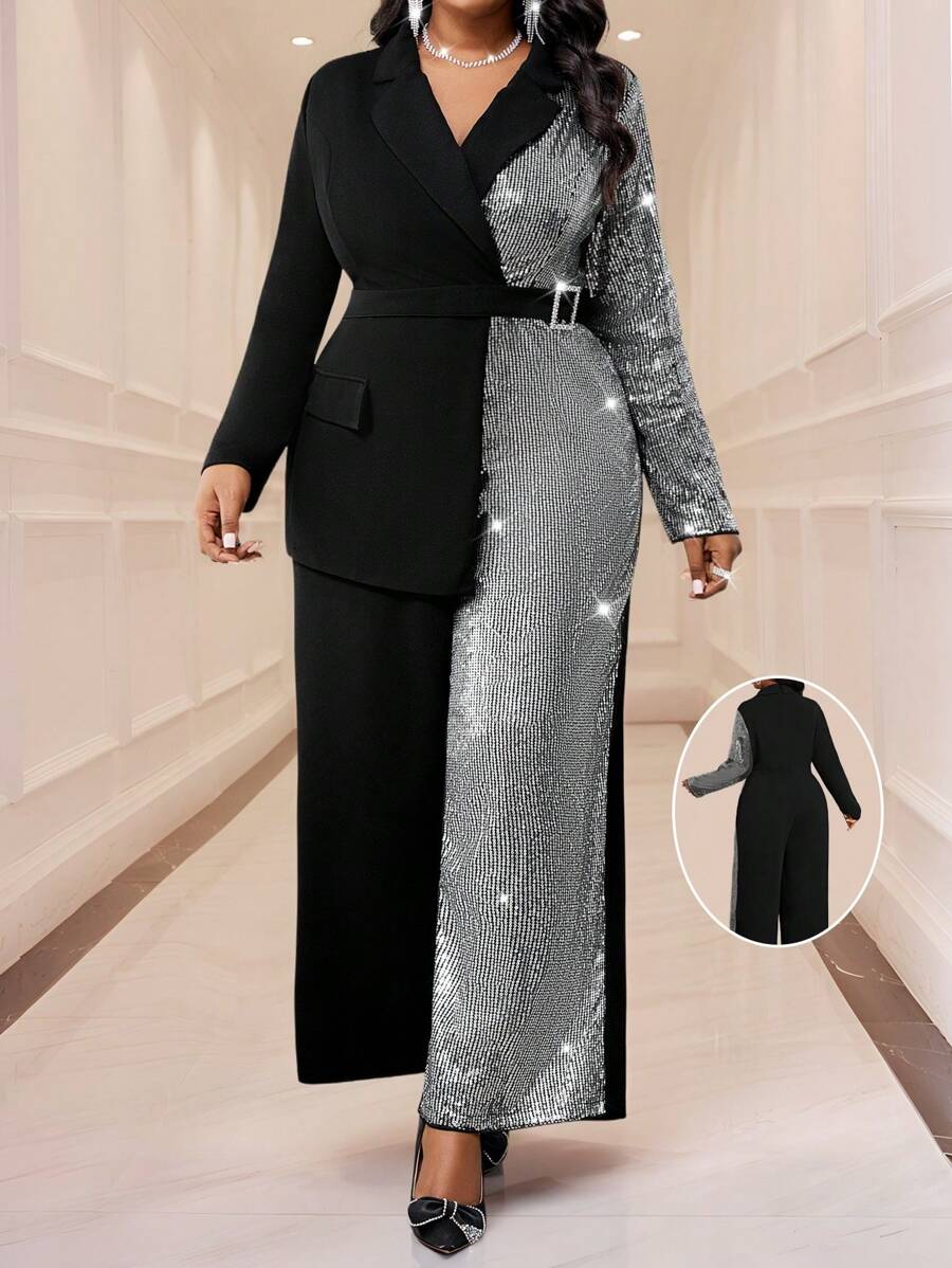 SHEIN Lady Autumn And Winter Elegant Plus SizeLong Sleeve Asymmetrical Lapel Sequins Black Sparkly Commuting Plus Size Jumpsuits Party Women Jumpsuits Sparkly Wedding Guest Dress Women Party Dresses For Women