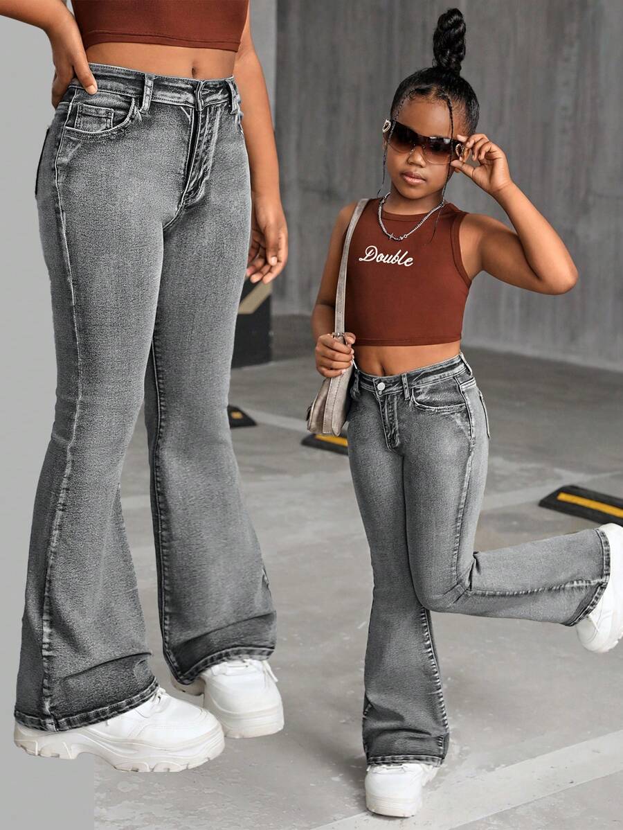 SHEIN Quần jeans ống loe denim mài đá kiểu vintage thập niên 2000 dành cho bé gái, phong cách đường phố mùa thu trở lại trường học. - màu đen - Xem 1