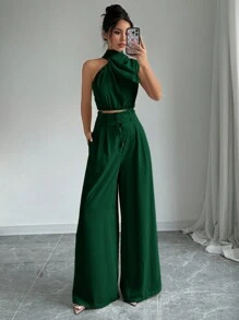 Firerie 2pcs/Set Women Turtleneck Sleeveless Top And Wide Leg Pants - Dark Green - View 7