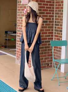 DAZY 2 Stück/Set Damen einfarbiger Jumpsuit mit Spaghettiträgern für Frühling und Sommer