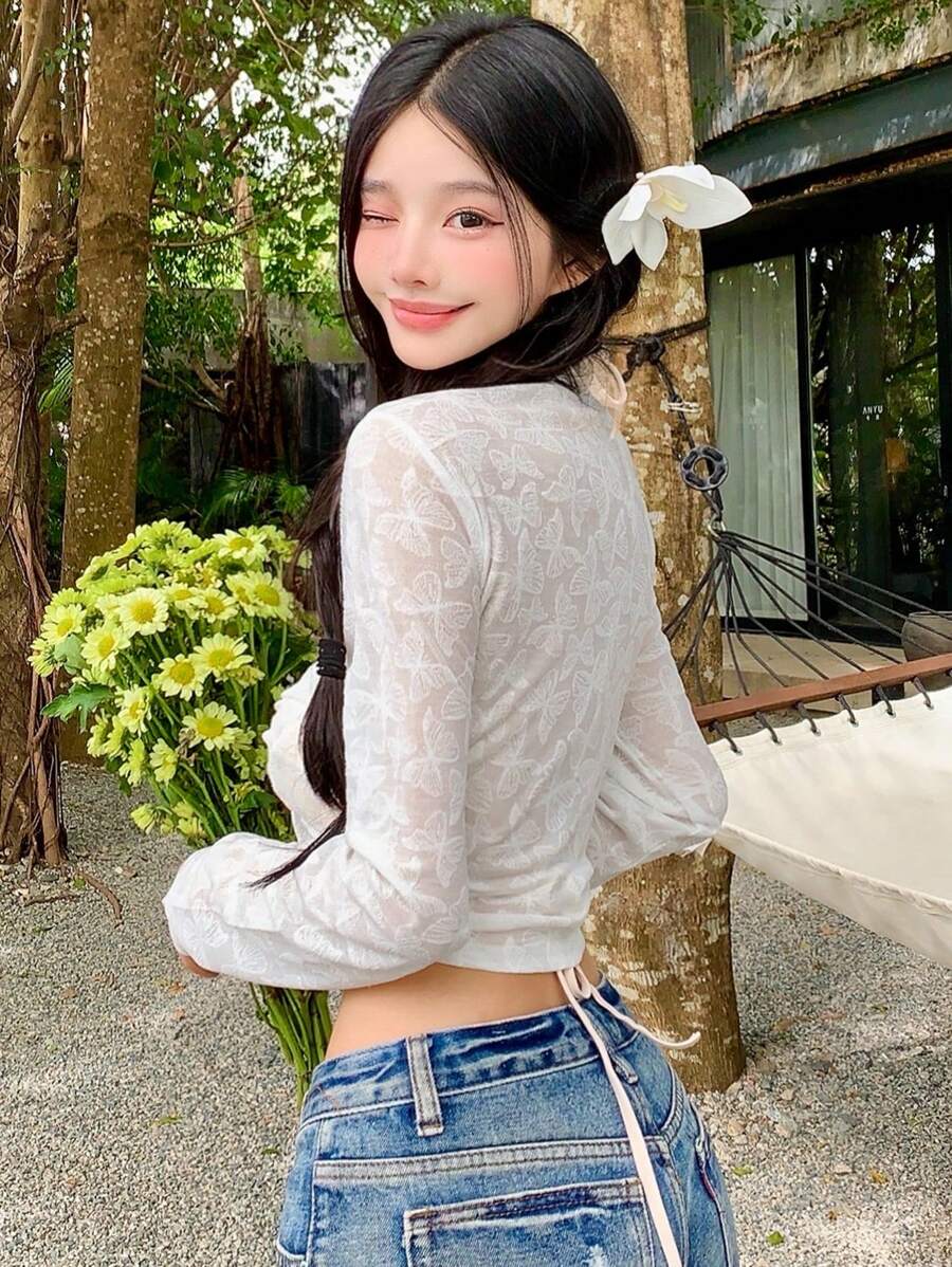 DAZY Women Butterfly Pattern Knitted Short Cardigan Jacket - White - View 1