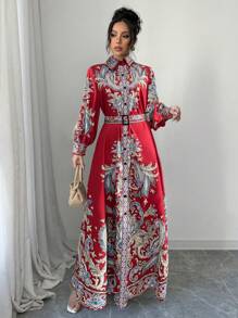 Calvaya Robe chemise maxi imprimée élégante de style vintage pour femmes