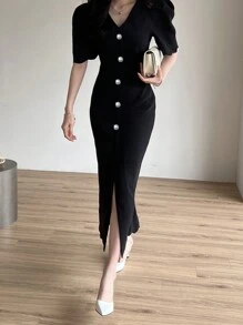 DAZY Đầm maxi nữ màu trơn cổ chữ V tay ngắn dáng ôm, kiểu tay phồng, thích hợp cho mùa xuân/hè. - màu đen - Xem 7