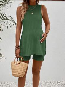 SHEIN 2pcs/Set Maternity Sleeveless Solid Color Top And Shorts Set, Casual And Fashionable For Daily Wear - Green - View 5