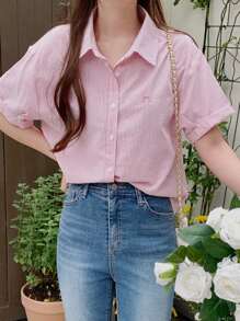 DAZY 女士蝴蝶结刺绣翻领宽松短袖衬衫，春夏